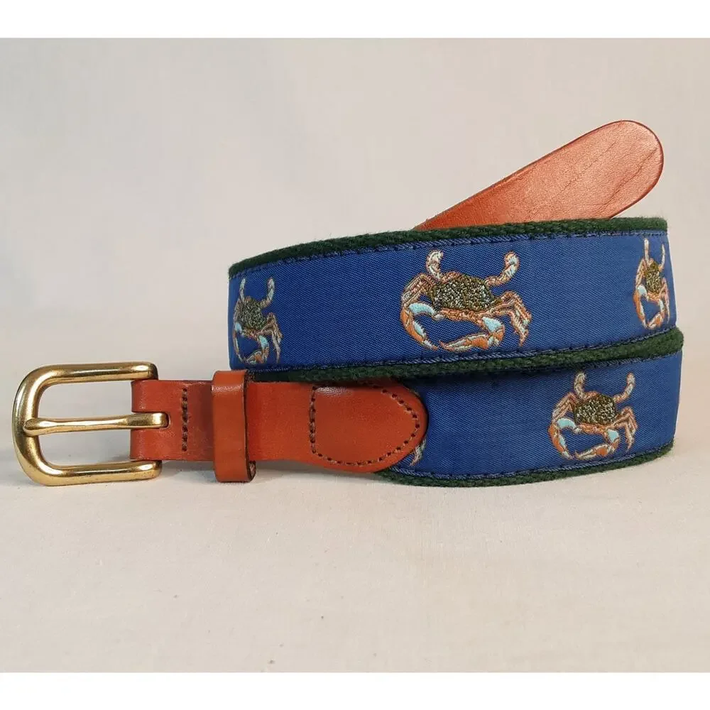 💎Leather Man Ltd TopGrain Leather Ends Blue Embroidered Crab Fabric Green Canvas